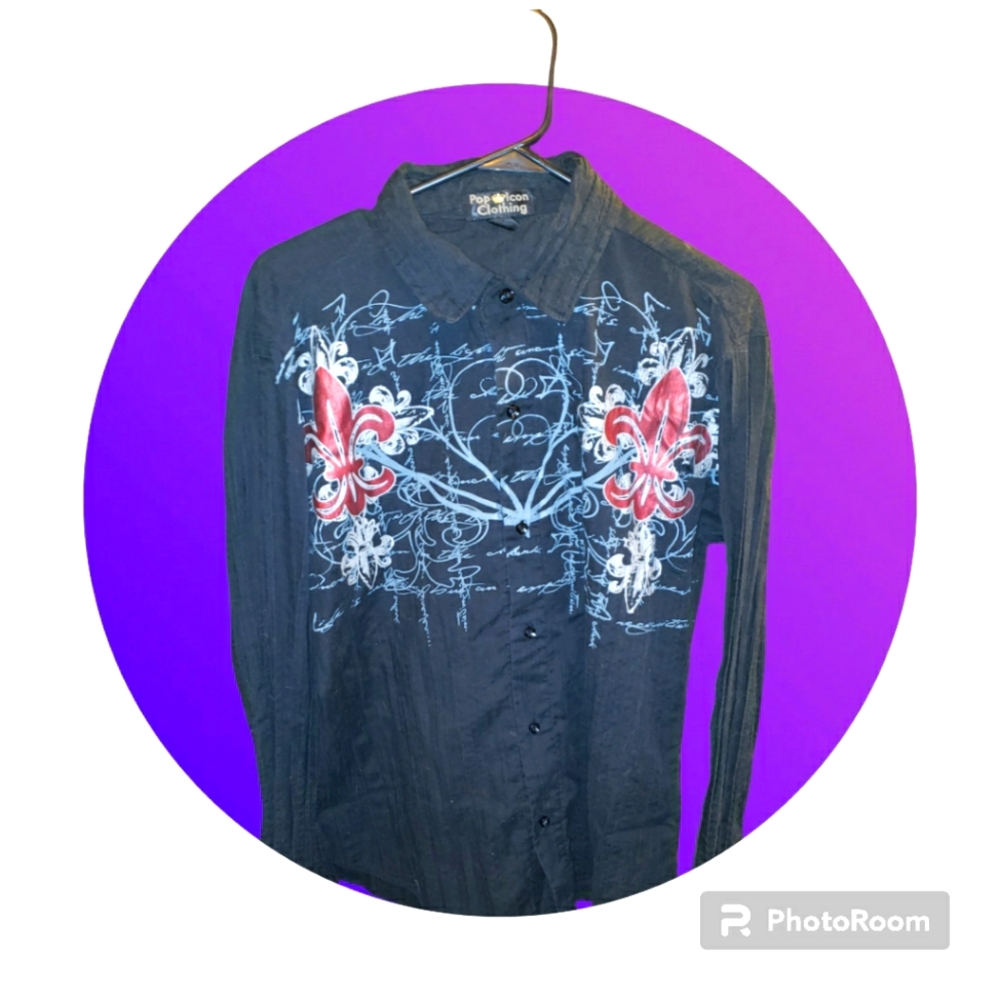 Vintage Pop Icon Clothing Mens Large Embroidered Button Up Long Sleeve Shirt
